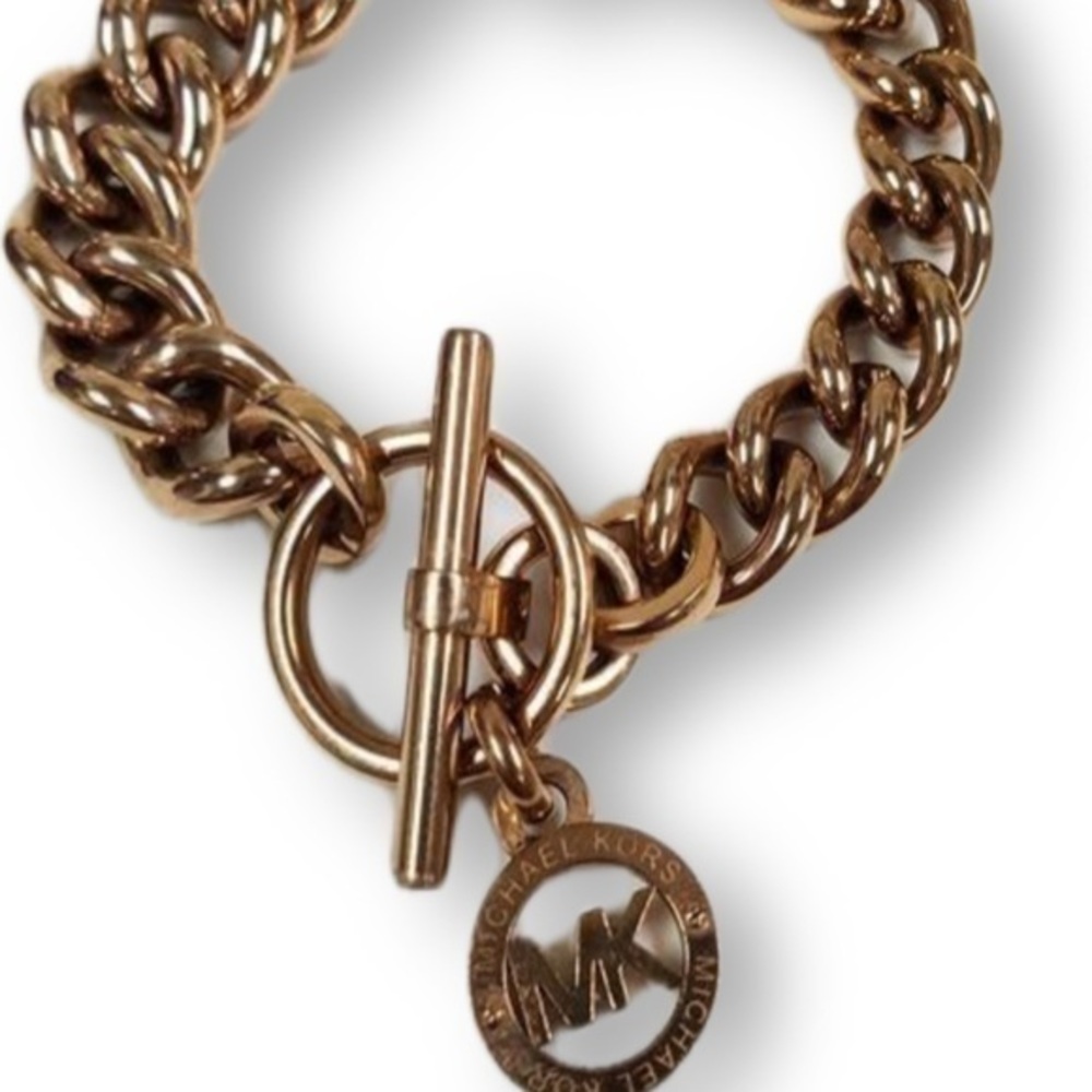 Michael Kors Womens Cable Chain Bracelet Copper Toggle Signature Charm 8.5 In
